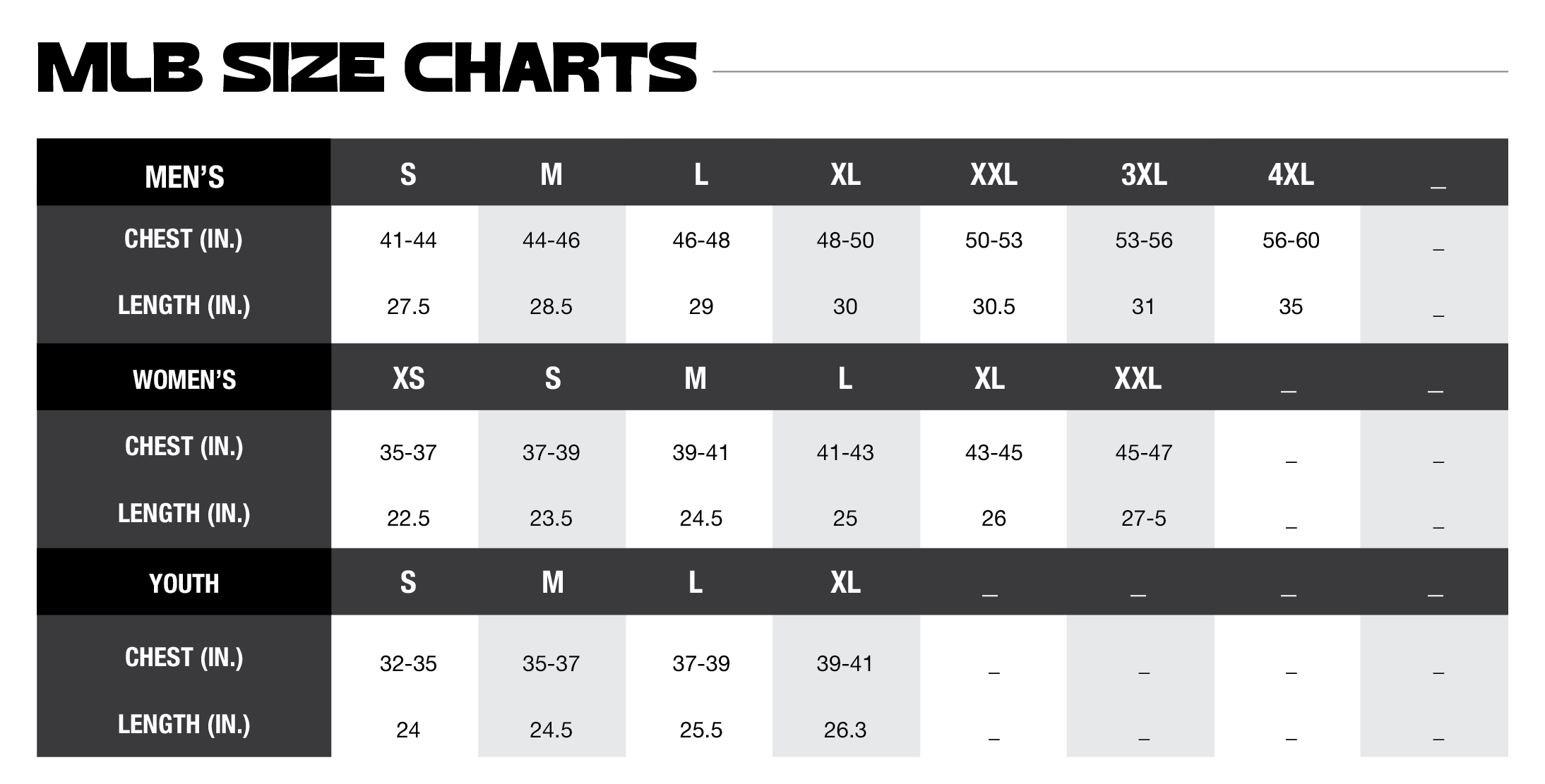 SIZE MLB SIZE CHARTS