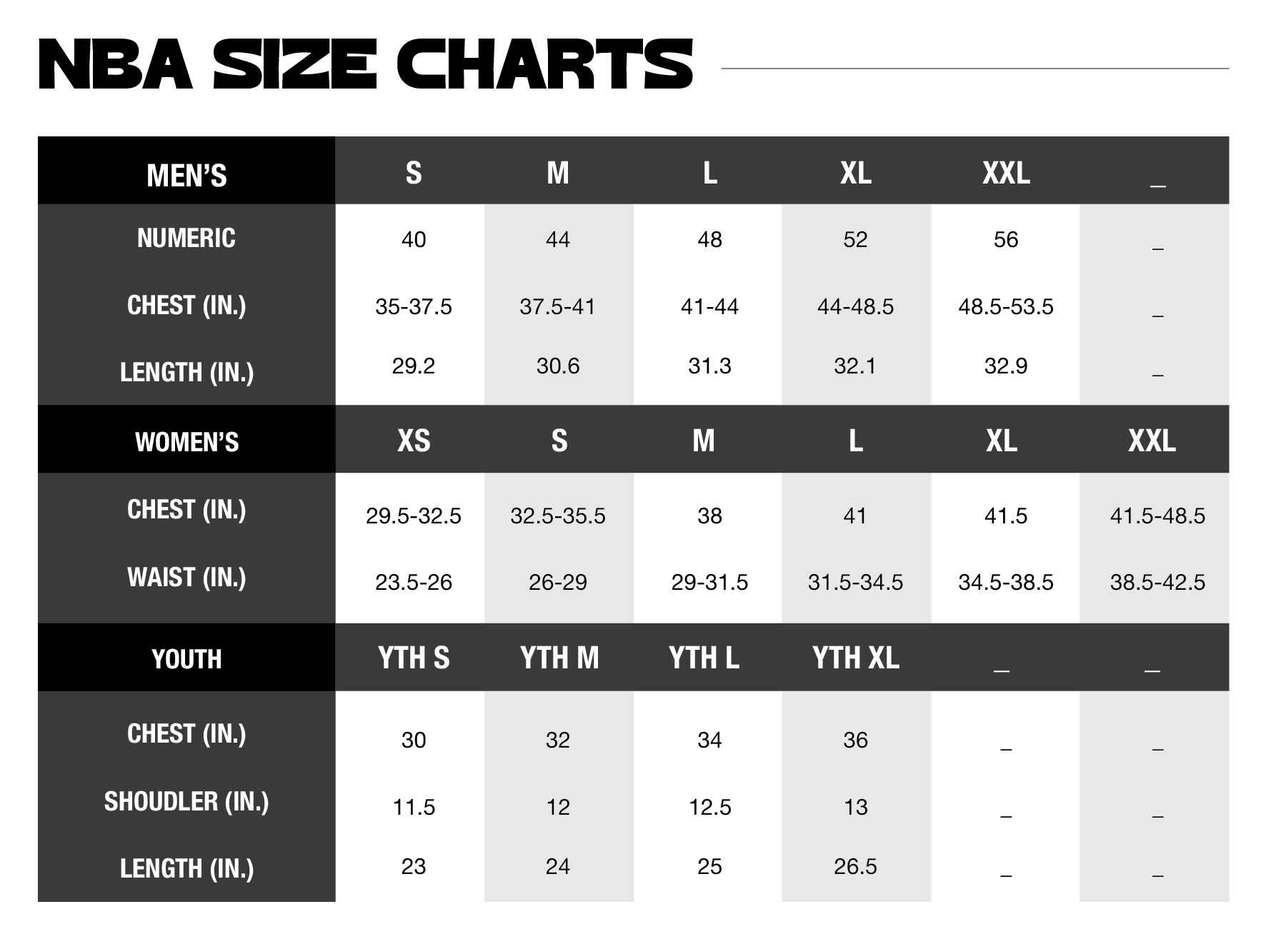 SIZE NBA SIZE CHARTS