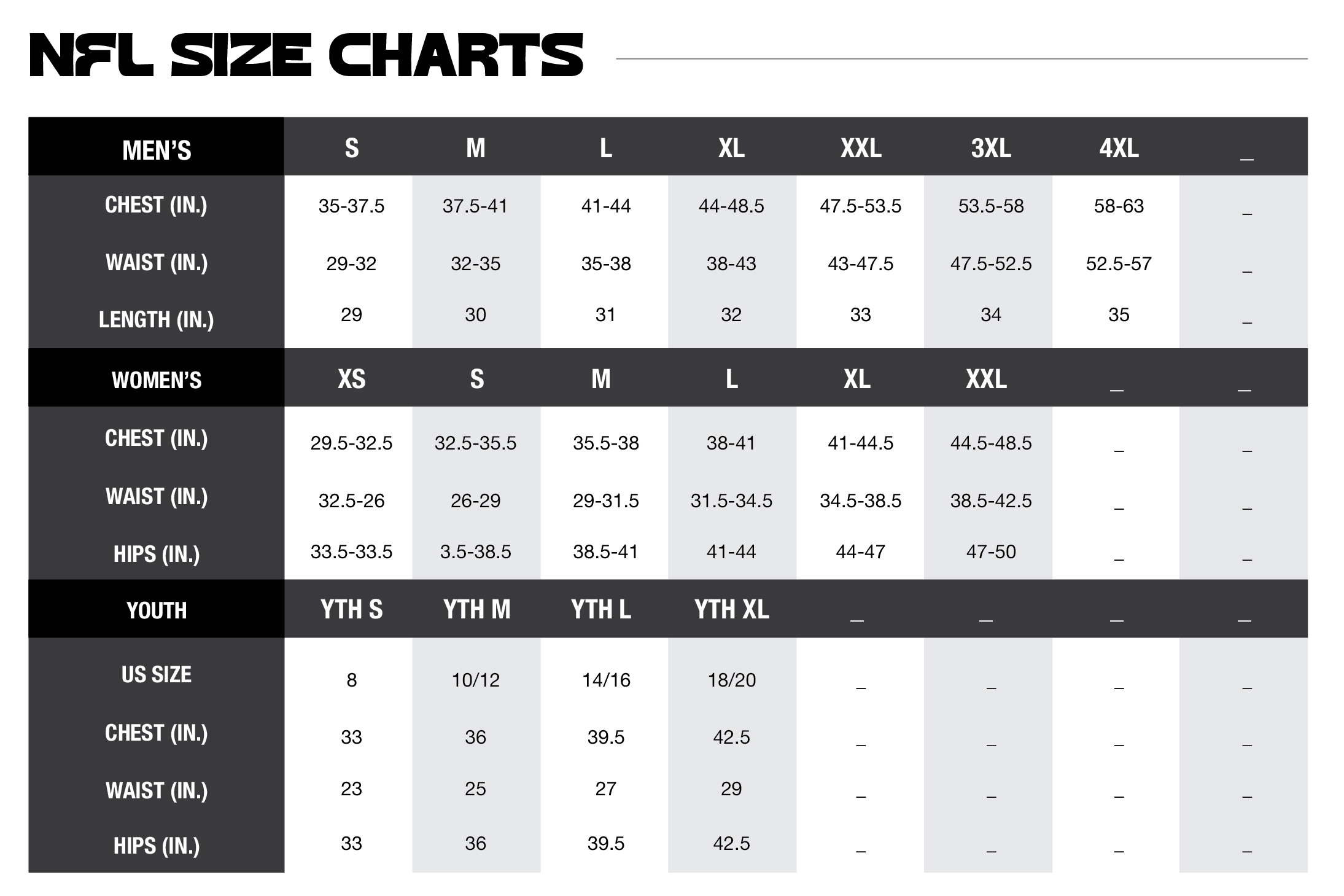 SIZE NFL SIZE CHARTS