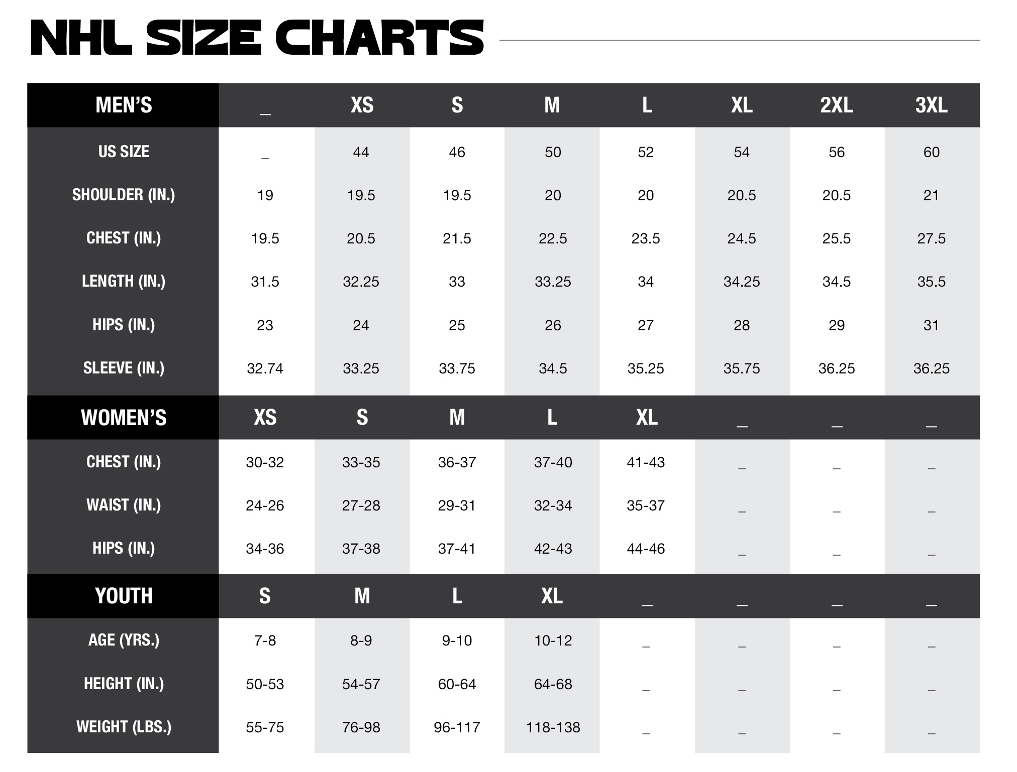 SIZE NHL SIZE CHARTS